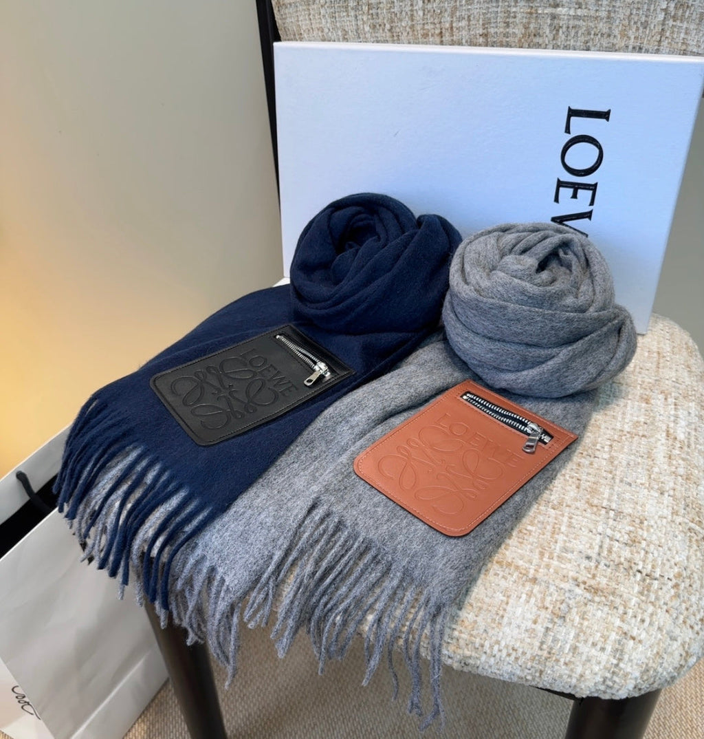 Loewe Scarf 180CM Dark Blue Mix Black Wool-blend Leather 969503