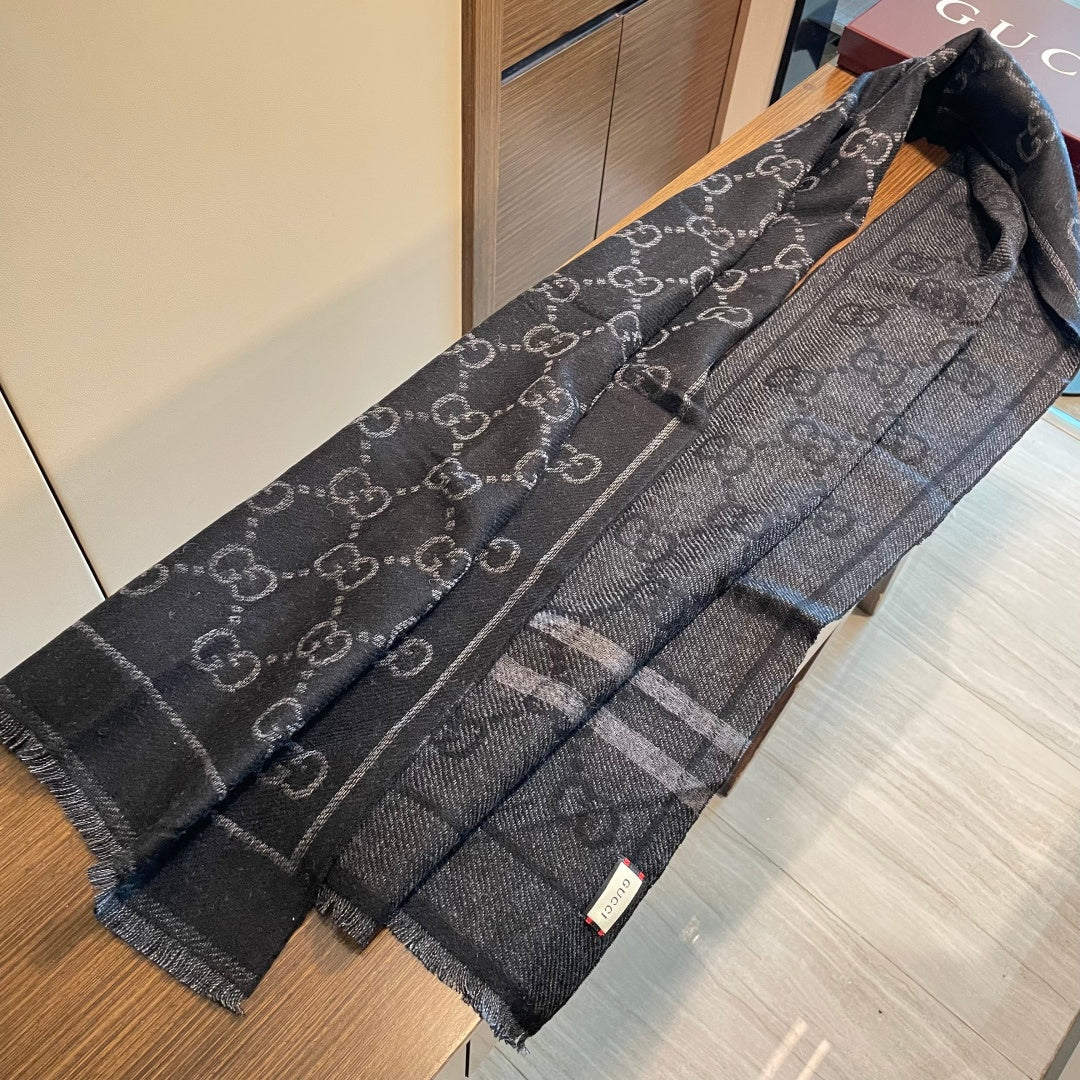 GG Double G Jacquard Scarf 180CM Black Wool 283097