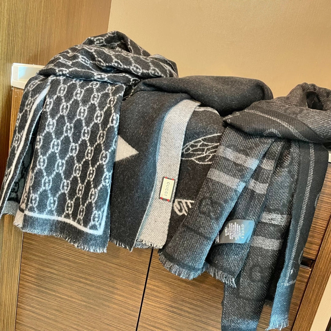 GG Double G Jacquard Scarf 180CM Black Wool 283099