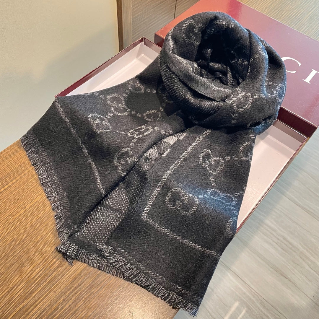 GG Double G Jacquard Scarf 180CM Black Wool 283097