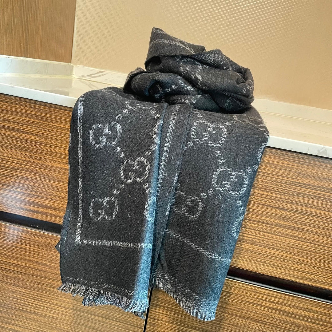 GG Double G Jacquard Scarf 180CM Black Wool 283097