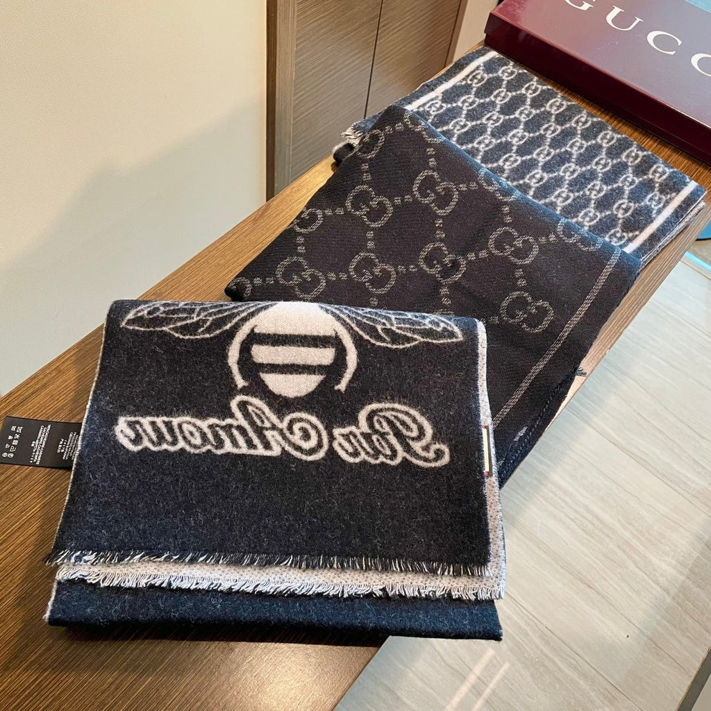 GG Double G Jacquard Scarf 180CM Black Wool 283097