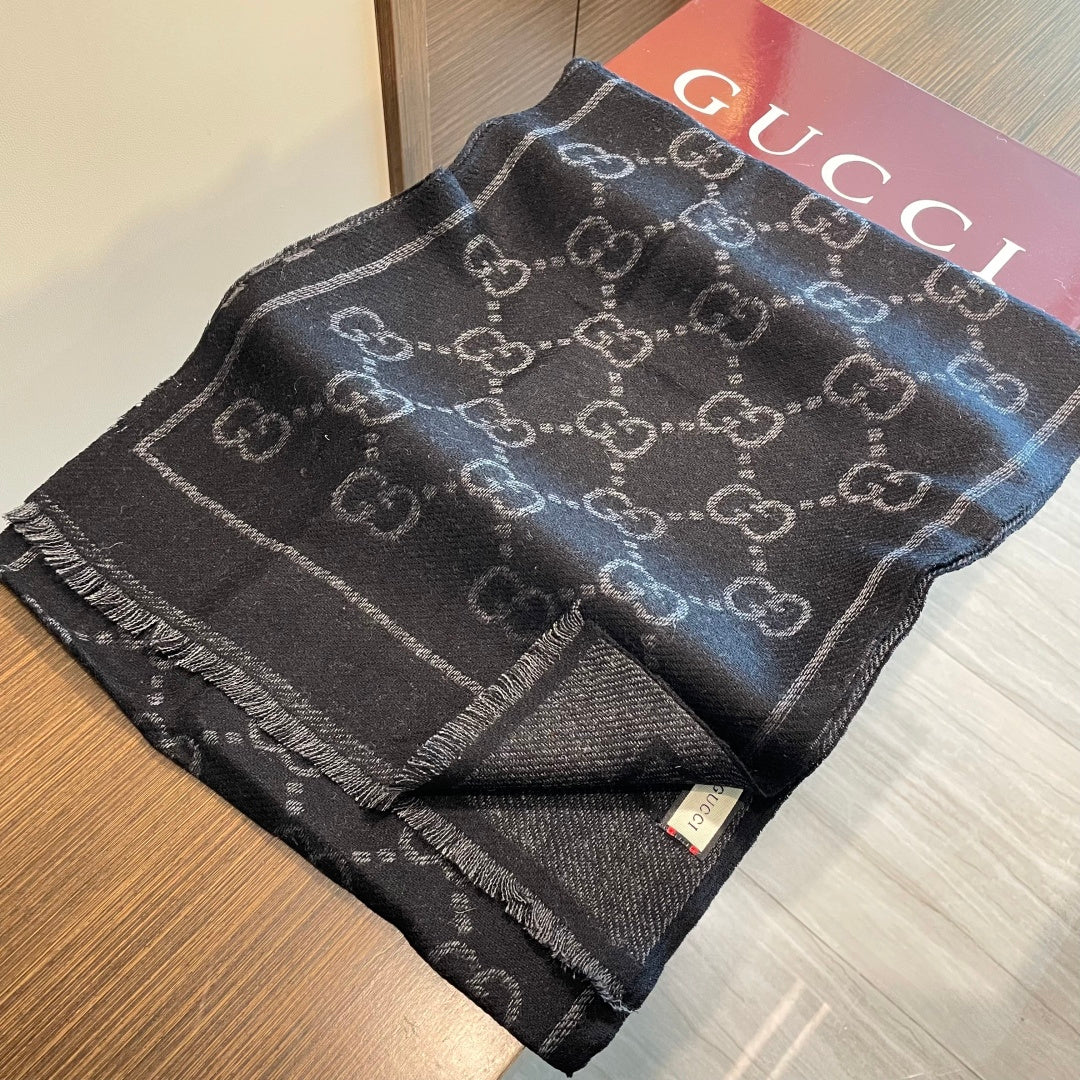 GG Double G Jacquard Scarf 180CM Black Wool 283097