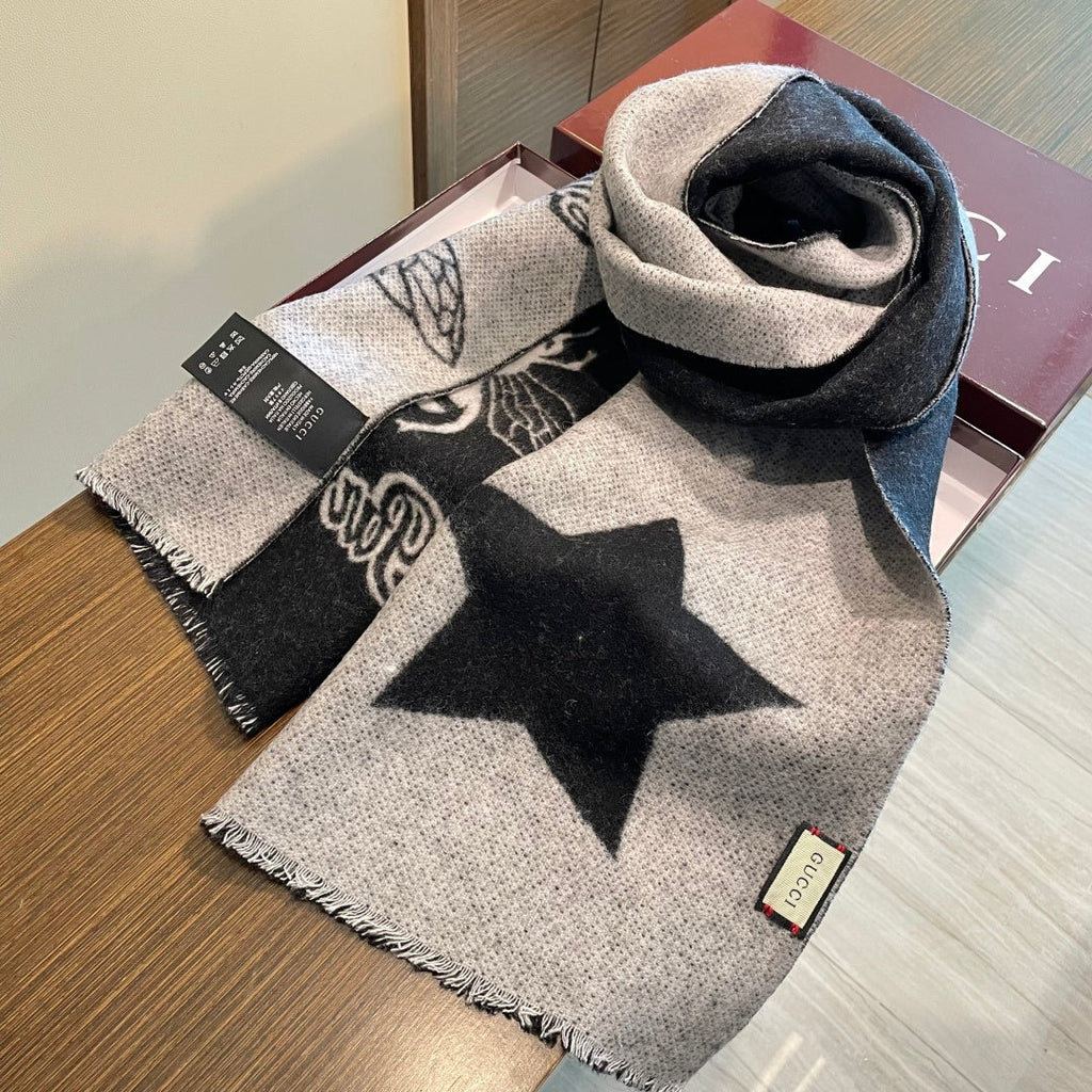 GG Double G Jacquard Scarf 180CM Black Gray Wool 283098