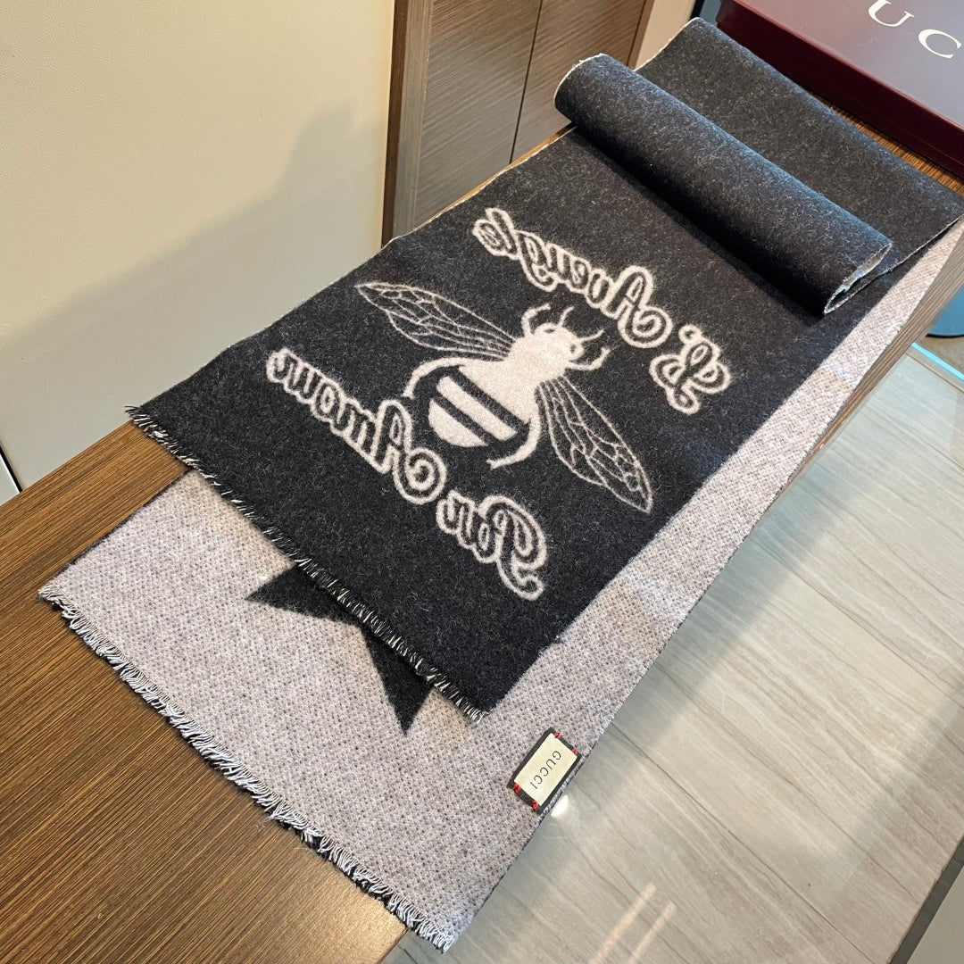 GG Double G Jacquard Scarf 180CM Black Gray Wool 283098