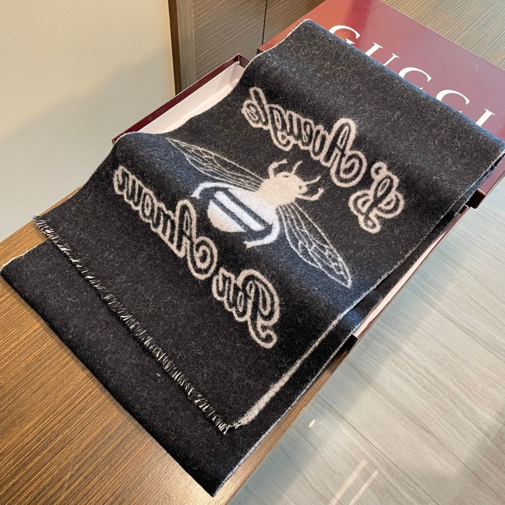 GG Double G Jacquard Scarf 180CM Black Gray Wool 283098