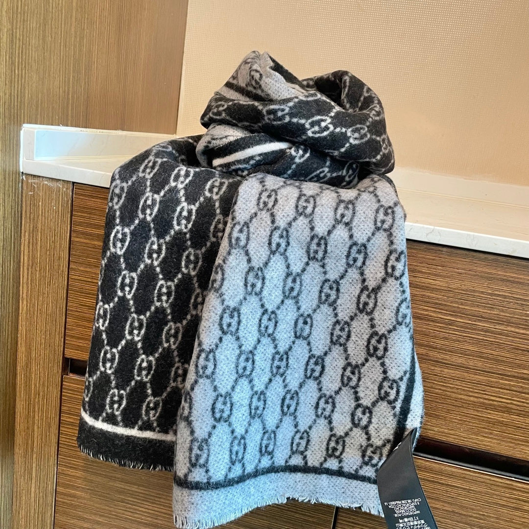 GG Double G Jacquard Scarf 180CM Black Wool 283099