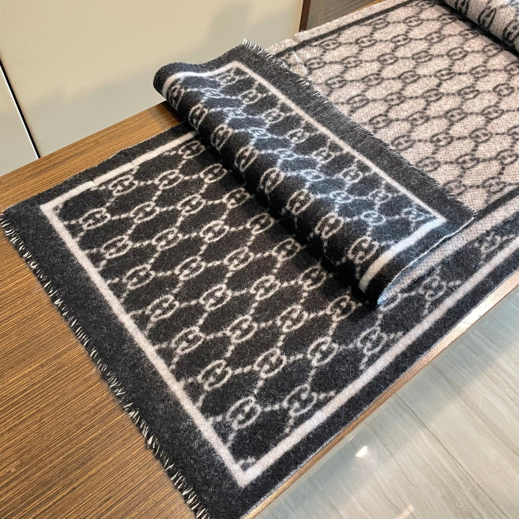 GG Double G Jacquard Scarf 180CM Black Wool 283099