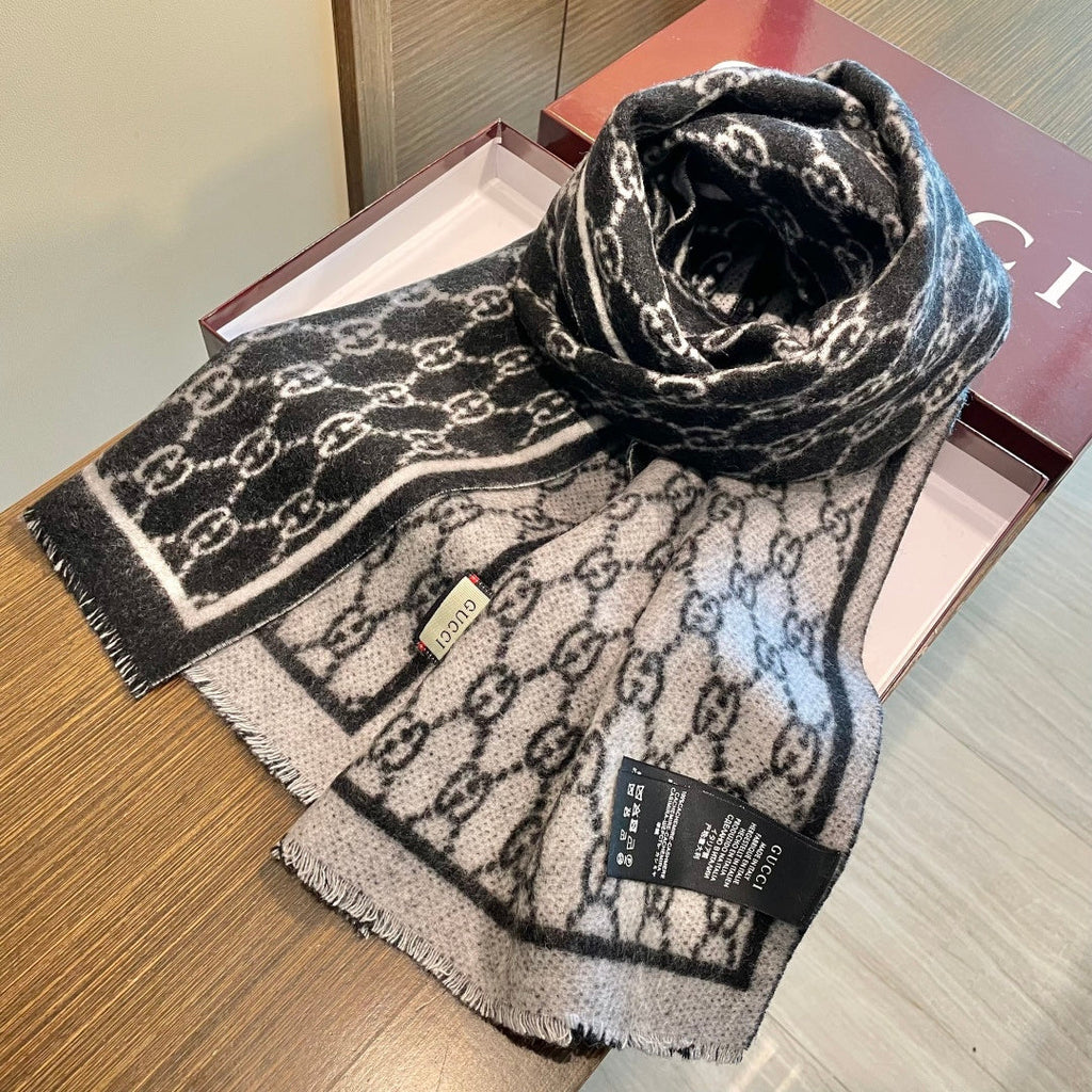 GG Double G Jacquard Scarf 180CM Black Wool 283099