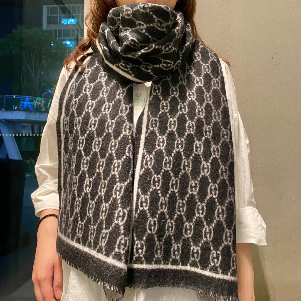 GG Double G Jacquard Scarf 180CM Black Wool 283099