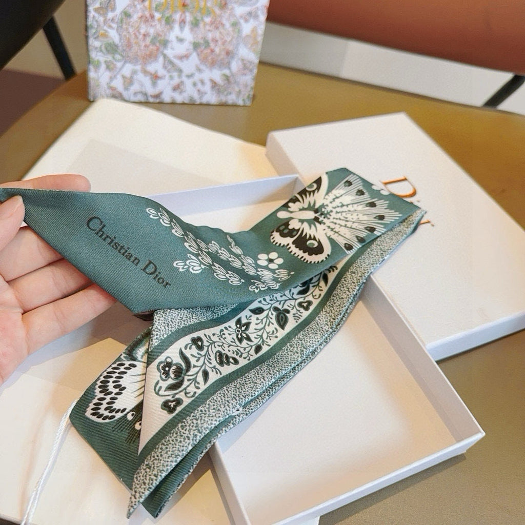 CD Twilly Mini Scarf 105cm Teal Black Mulberry Silk 668640