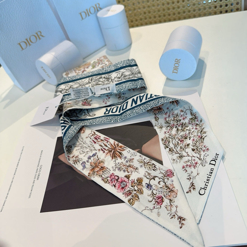 CD Twilly Mini Scarf 105cm Blue Colorful Mulberry Silk 914495