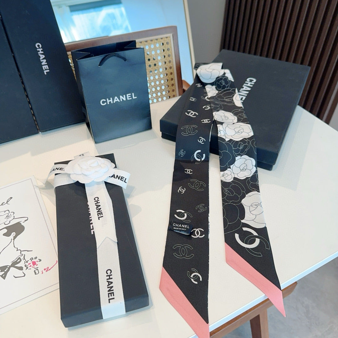 CC Twilly Mini Scarf 120cm Black Pink Mulberry Silk 953290