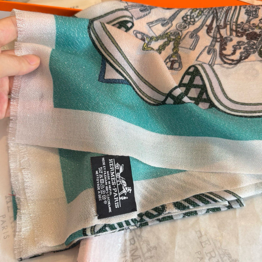 HM Bouquets Sellier Scarf White Teal Cashmere 145874