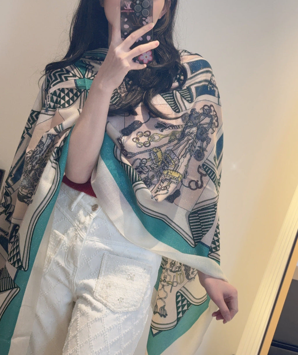 HM Bouquets Sellier Scarf White Teal Cashmere 145874