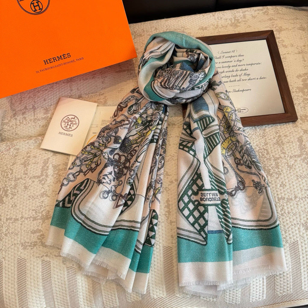 HM Bouquets Sellier Scarf White Teal Cashmere 145874