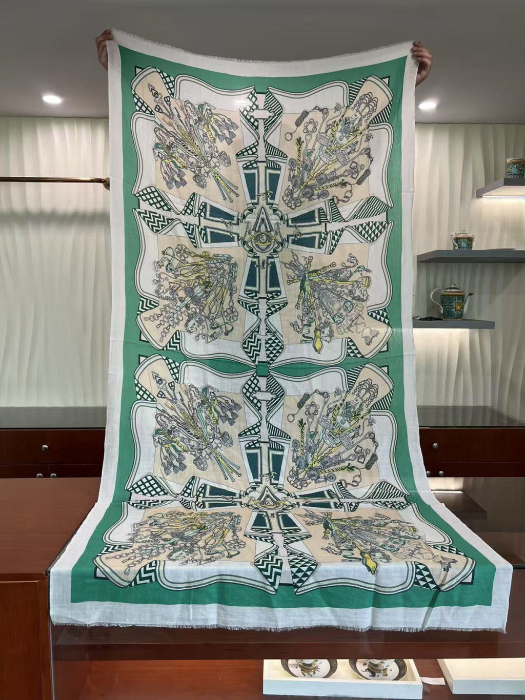 HM Bouquets Sellier Scarf White Teal Cashmere 145874