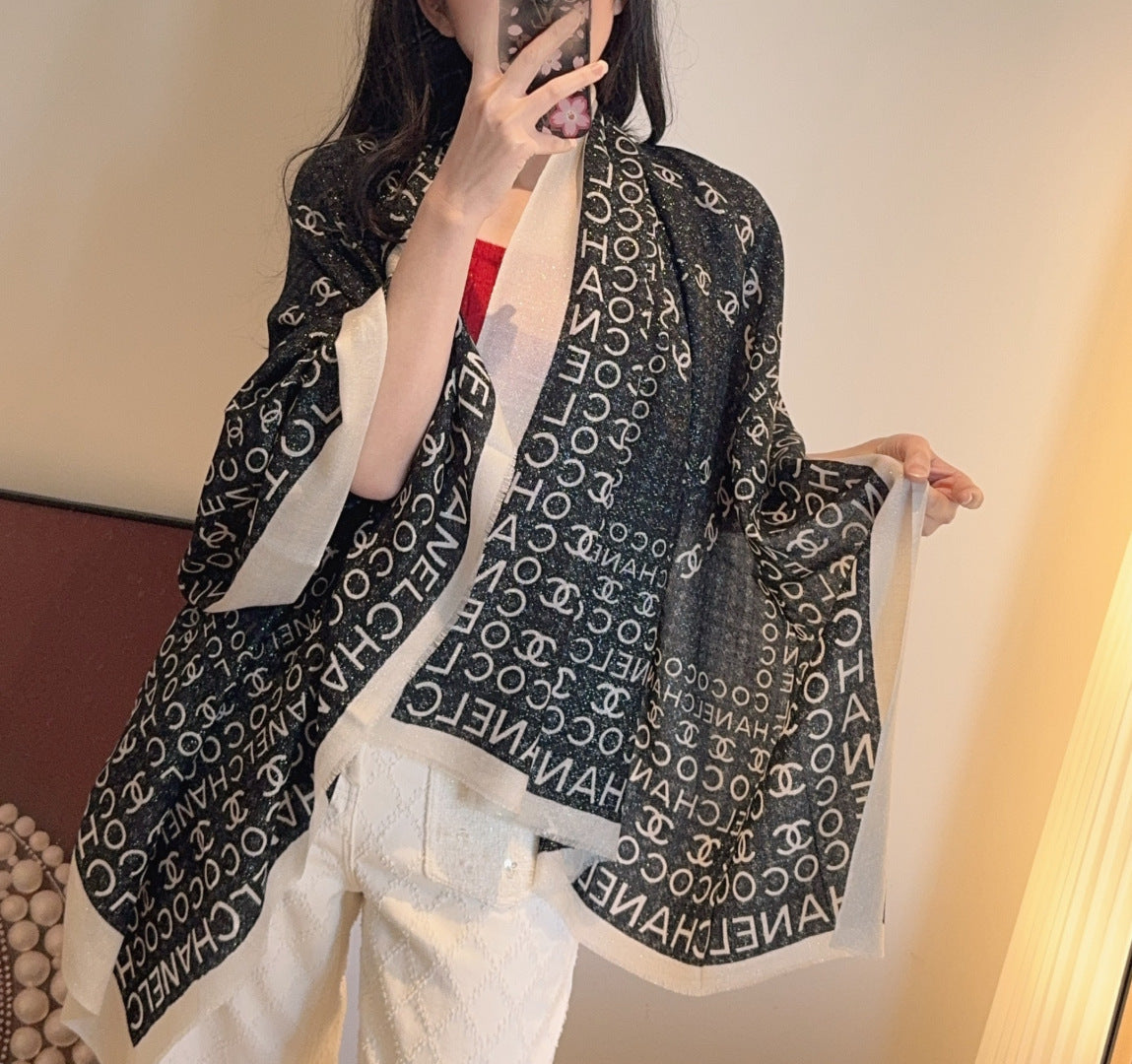 CC Monogram Logo 105x200cm Black White Cashmere 145877