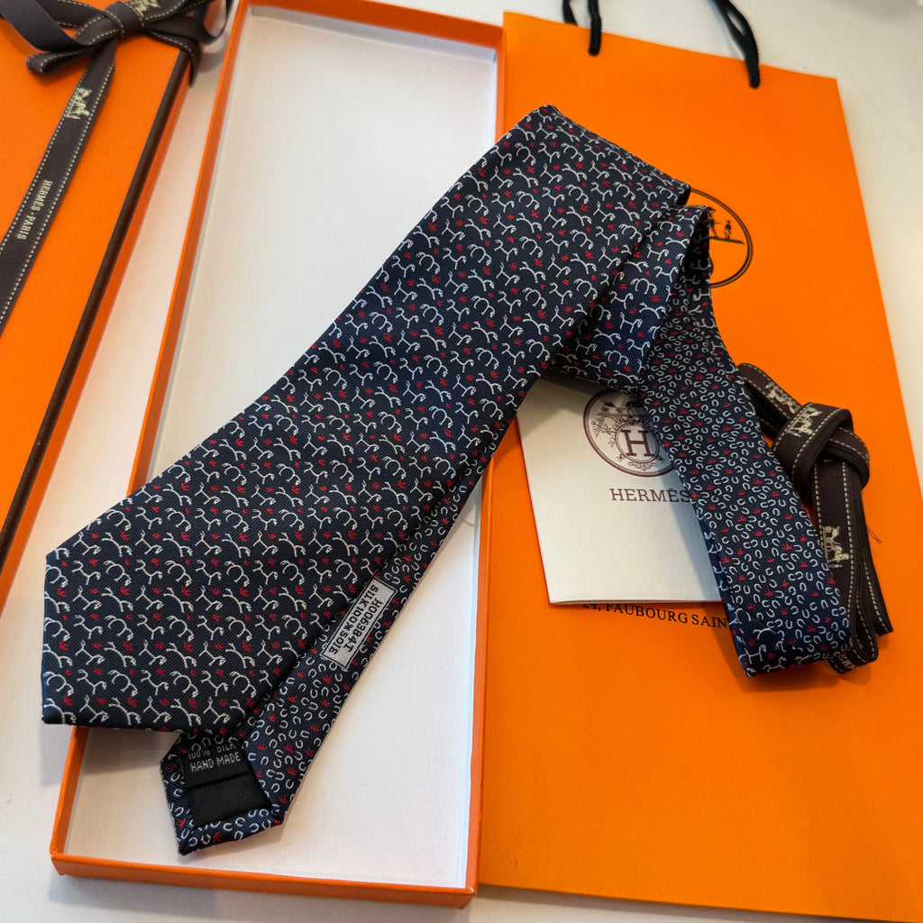 HM Horse Pattern Tie Navy Blue Twill Silk 212127