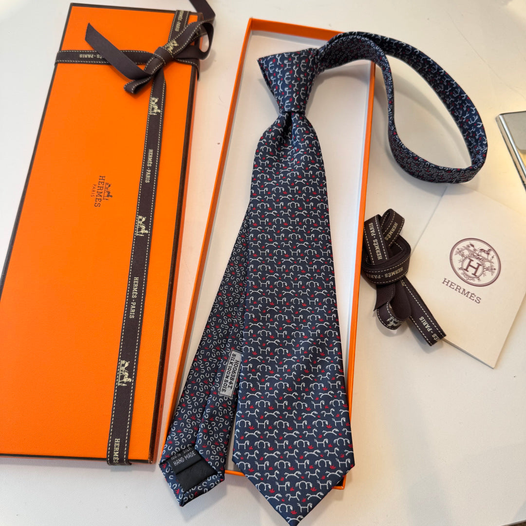 HM Horse Pattern Tie Navy Blue Twill Silk 212127