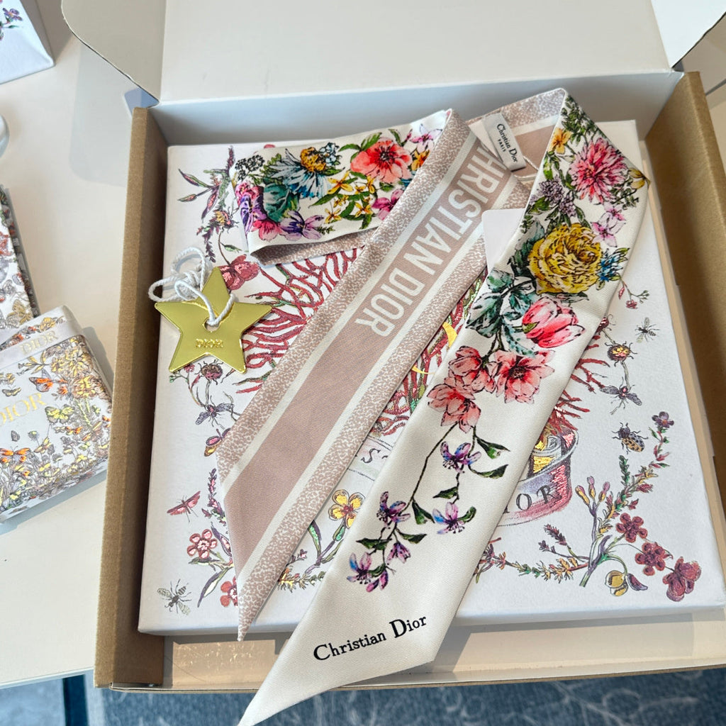 CD Twilly Mini Scarf 105cm White Light Pink Colorful Mulberry Silk 902531