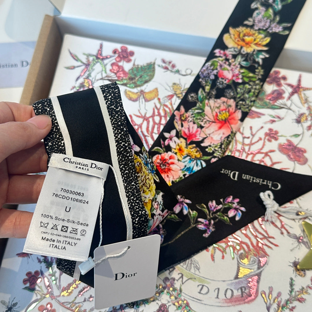 CD Twilly Mini Scarf 105cm Black Colorful Mulberry Silk 902532