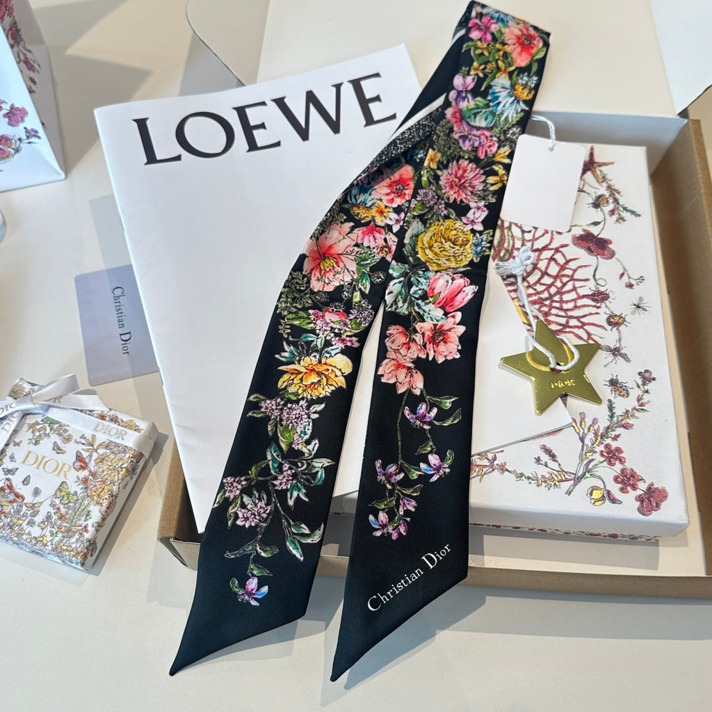 CD Twilly Mini Scarf 105cm Black Colorful Mulberry Silk 902532