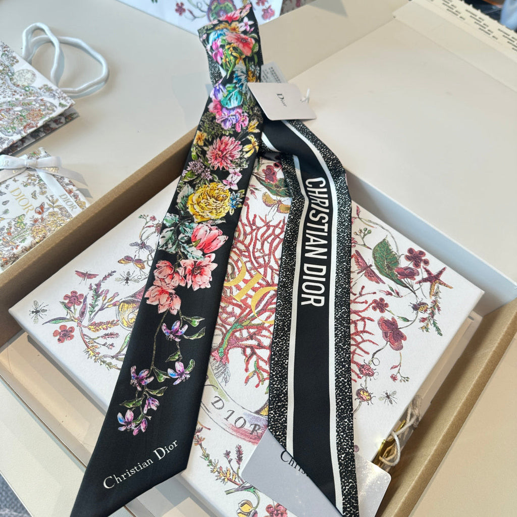CD Twilly Mini Scarf 105cm Black Colorful Mulberry Silk 902532