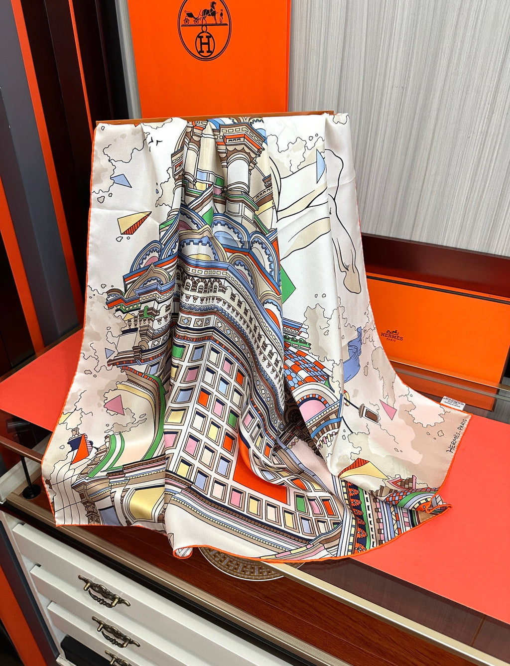 HM Hippopolis Scarf 90x90 Orange White Silk 333444