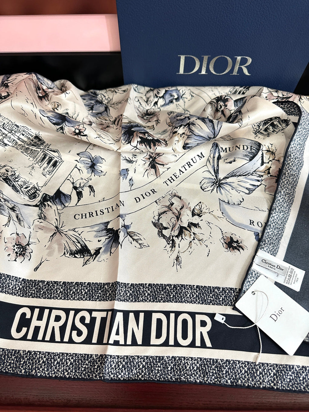 CD Souvenir de Rome Scarf 90x90 Black White Silk 333456