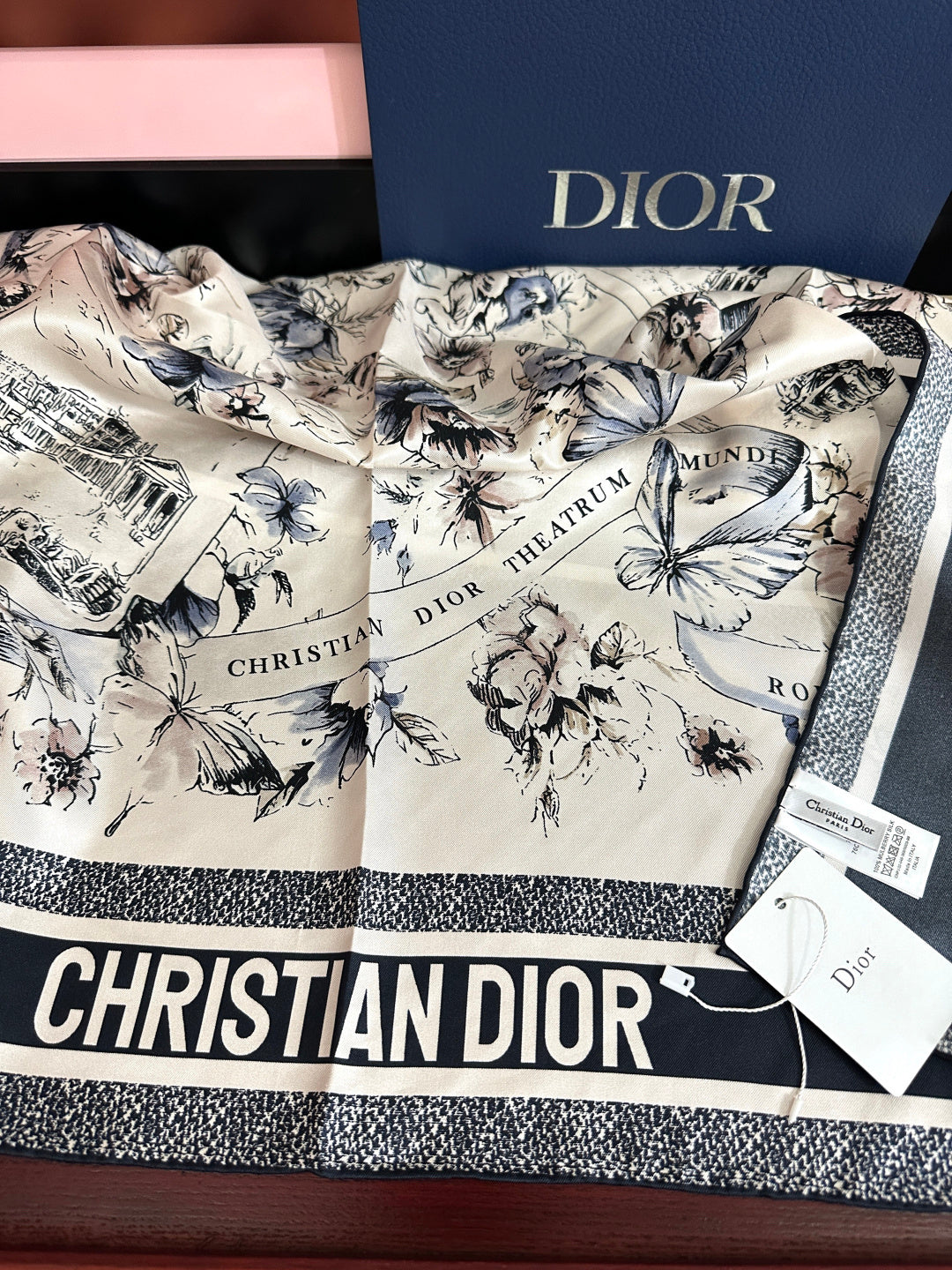CD Souvenir de Rome Scarf 90x90 Black White Silk 333456
