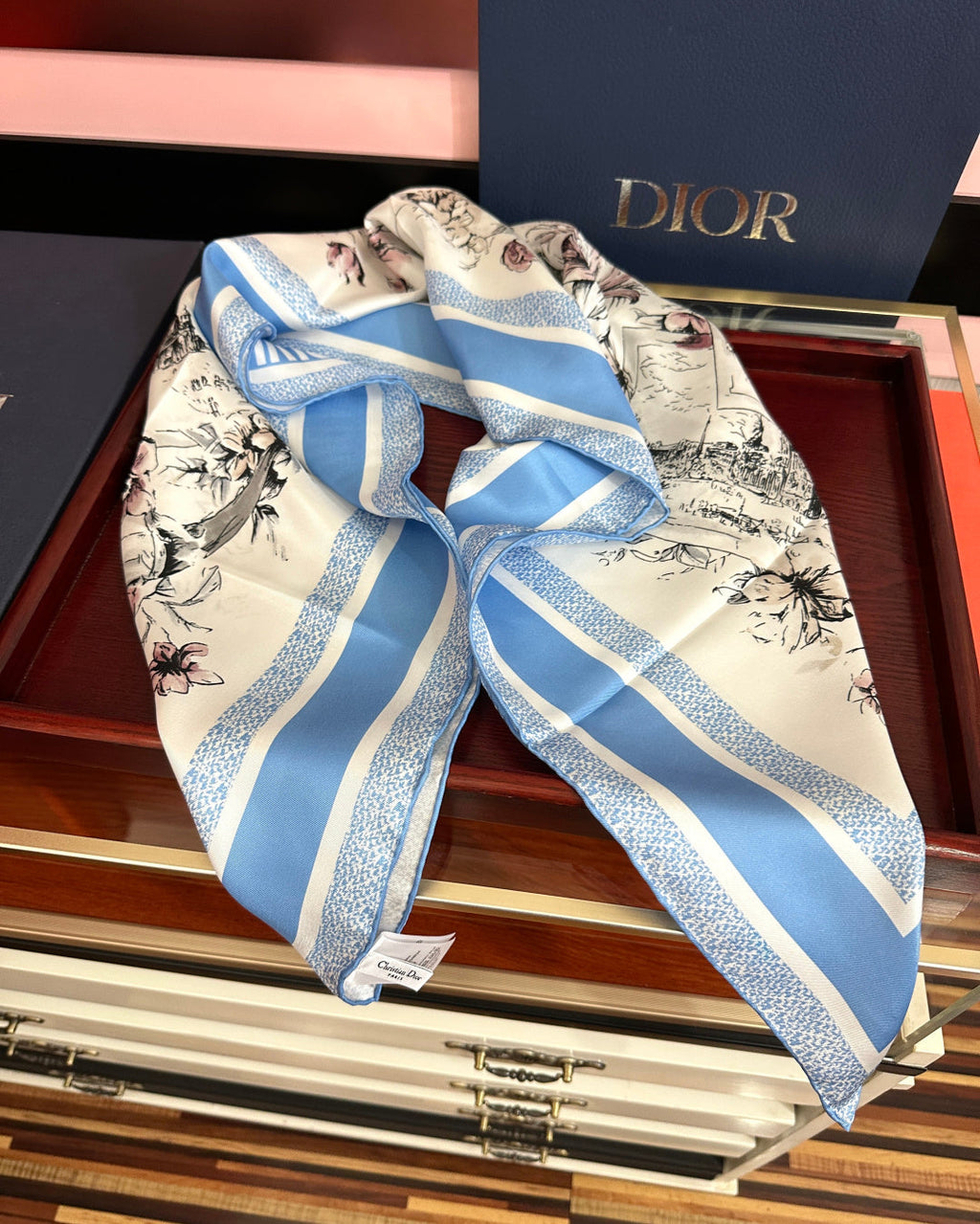 CD Souvenir de Rome Scarf 90x90 Blue White Silk 333457