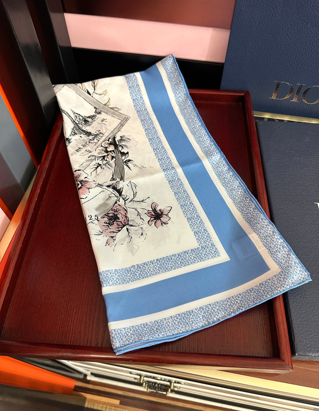 CD Souvenir de Rome Scarf 90x90 Blue White Silk 333457
