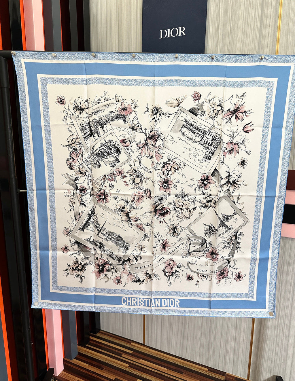 CD Souvenir de Rome Scarf 90x90 Blue White Silk 333457