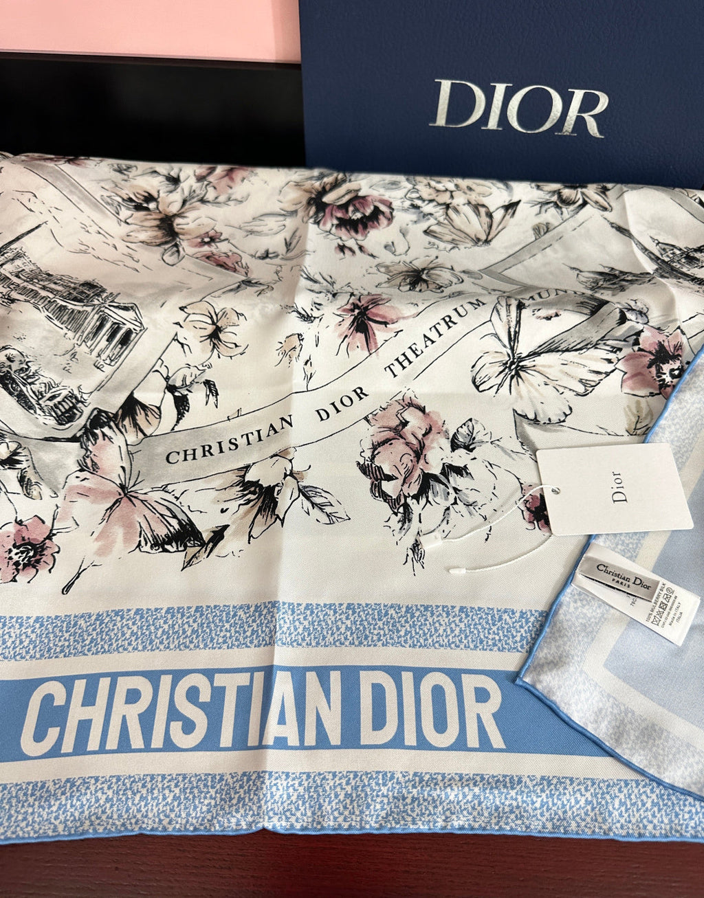 CD Souvenir de Rome Scarf 90x90 Blue White Silk 333457