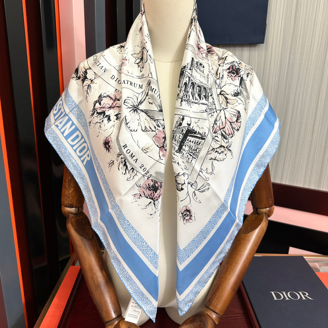 CD Souvenir de Rome Scarf 90x90 Blue White Silk 333457