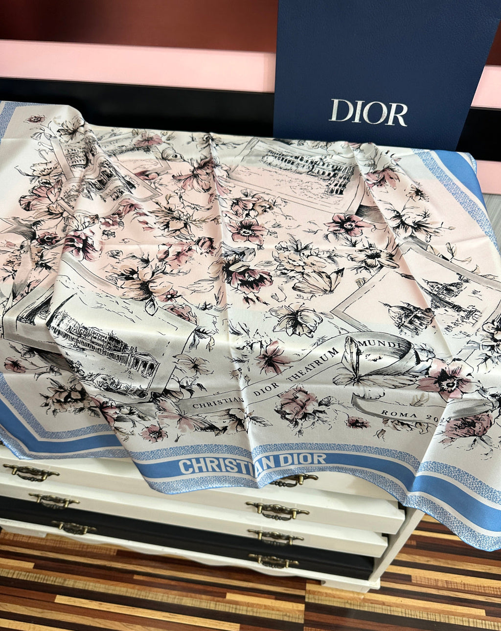 CD Souvenir de Rome Scarf 90x90 Blue White Silk 333457