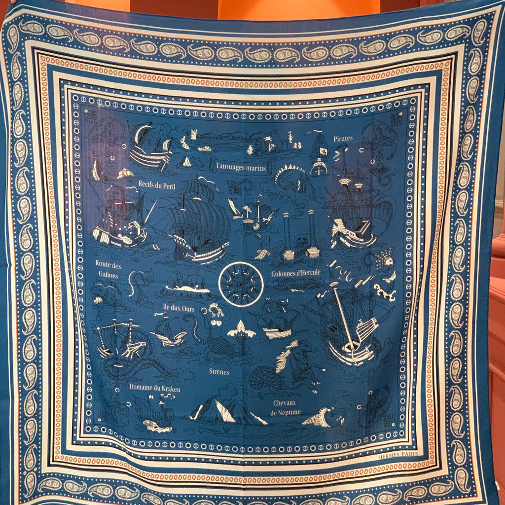 HM 25s Sailor Tattoo Scarf 140cm Dark Blue Beige Cashmere Silk 967415
