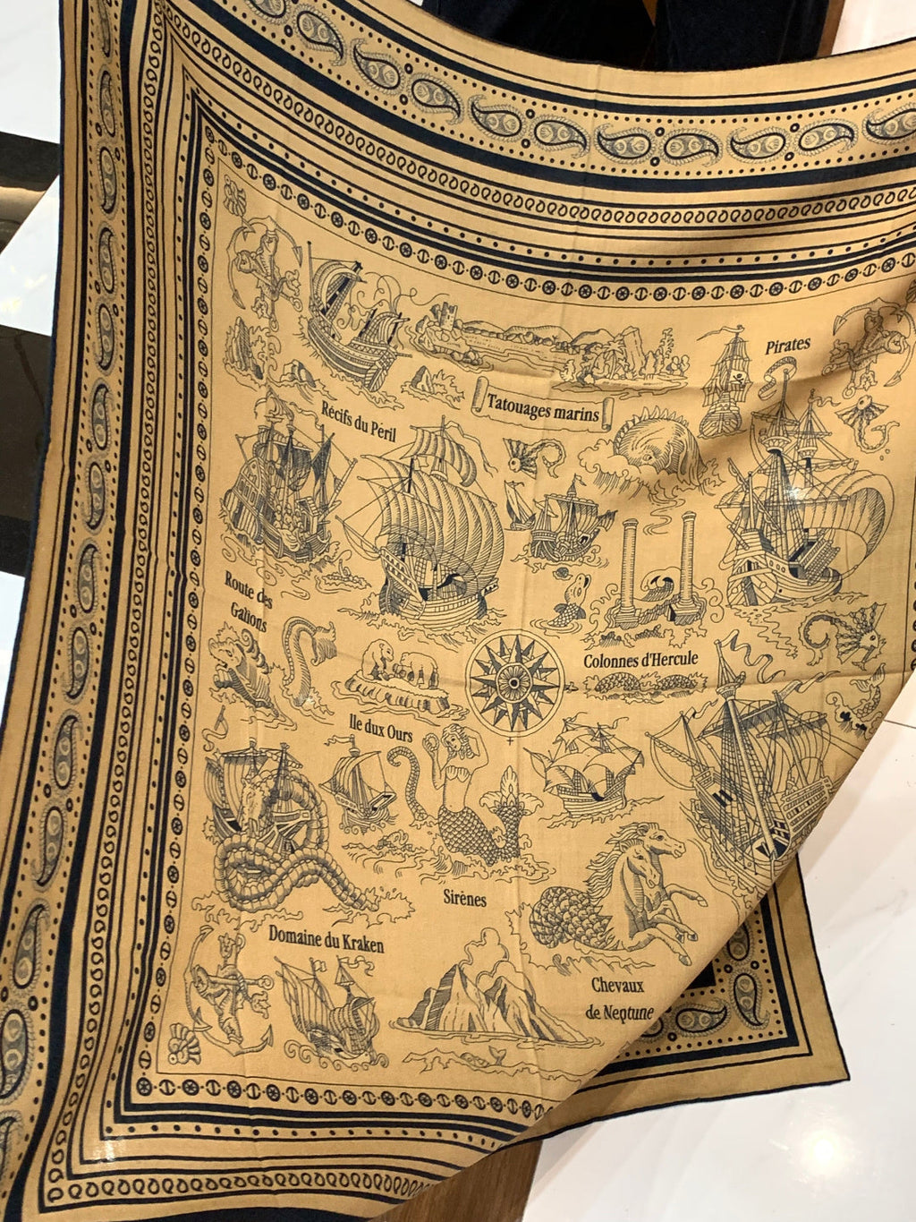 HM 25s Sailor Tattoo Scarf 140cm Dark Beige Black Cashmere Silk 967416