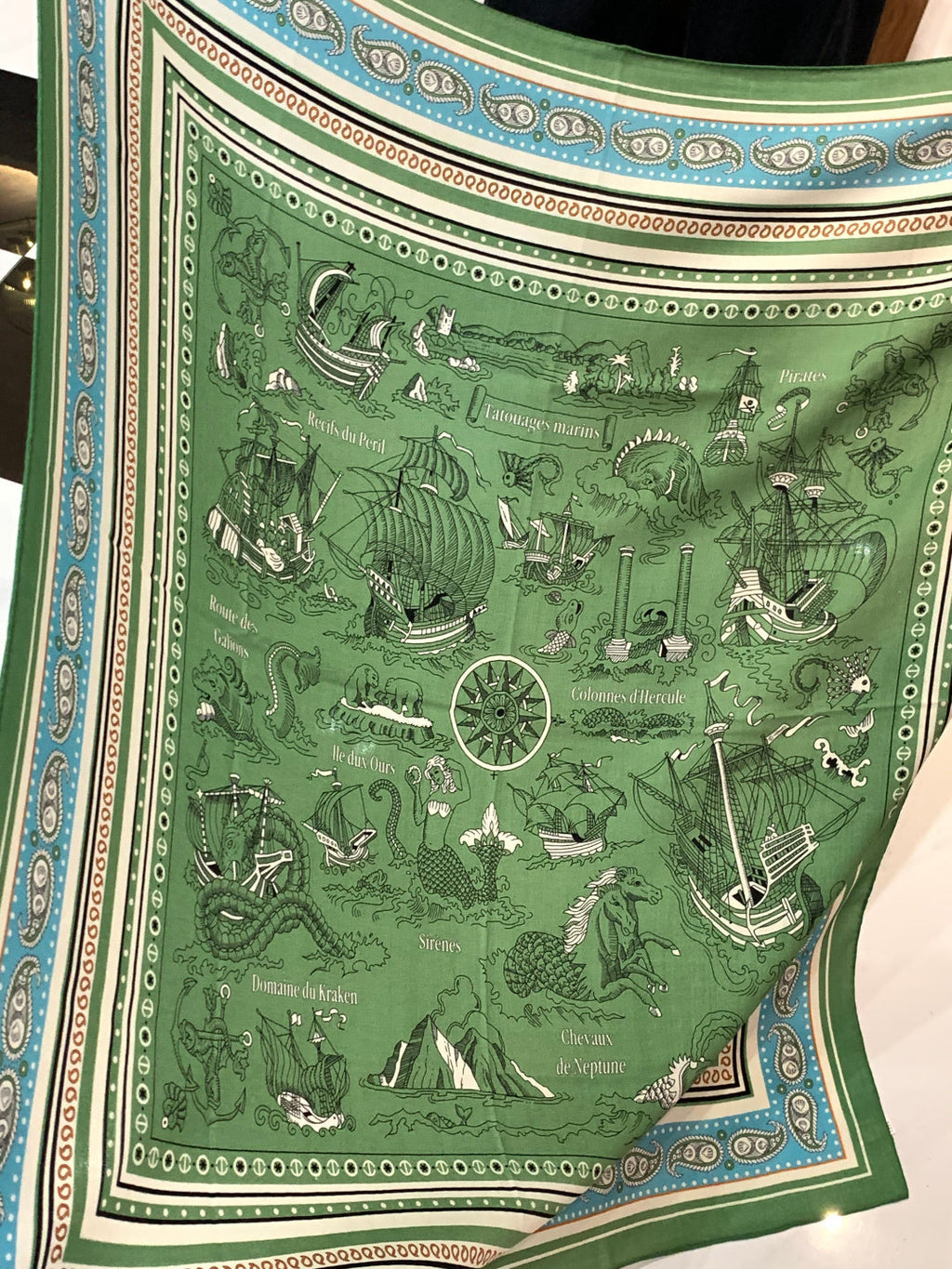 HM 25s Sailor Tattoo Scarf 140cm Green Beige Cashmere Silk 967417
