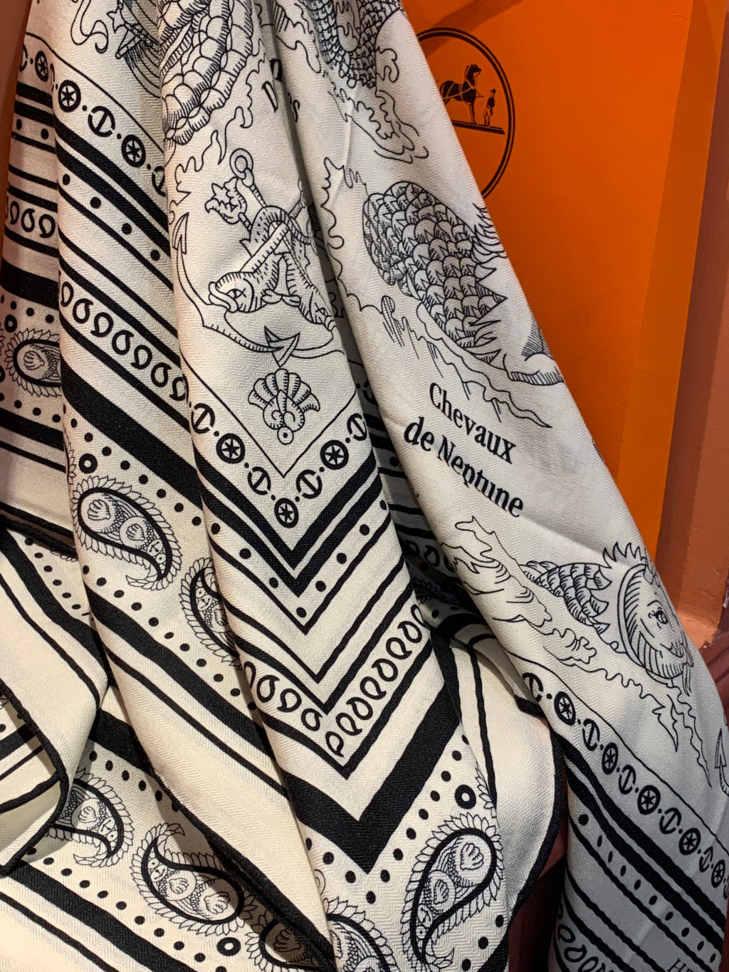 HM 25s Sailor Tattoo Scarf 140cm White Black Cashmere Silk 967419