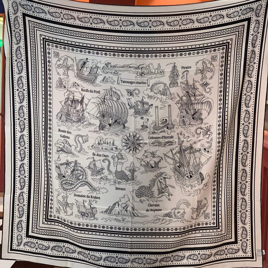 HM 25s Sailor Tattoo Scarf 140cm White Black Cashmere Silk 967419