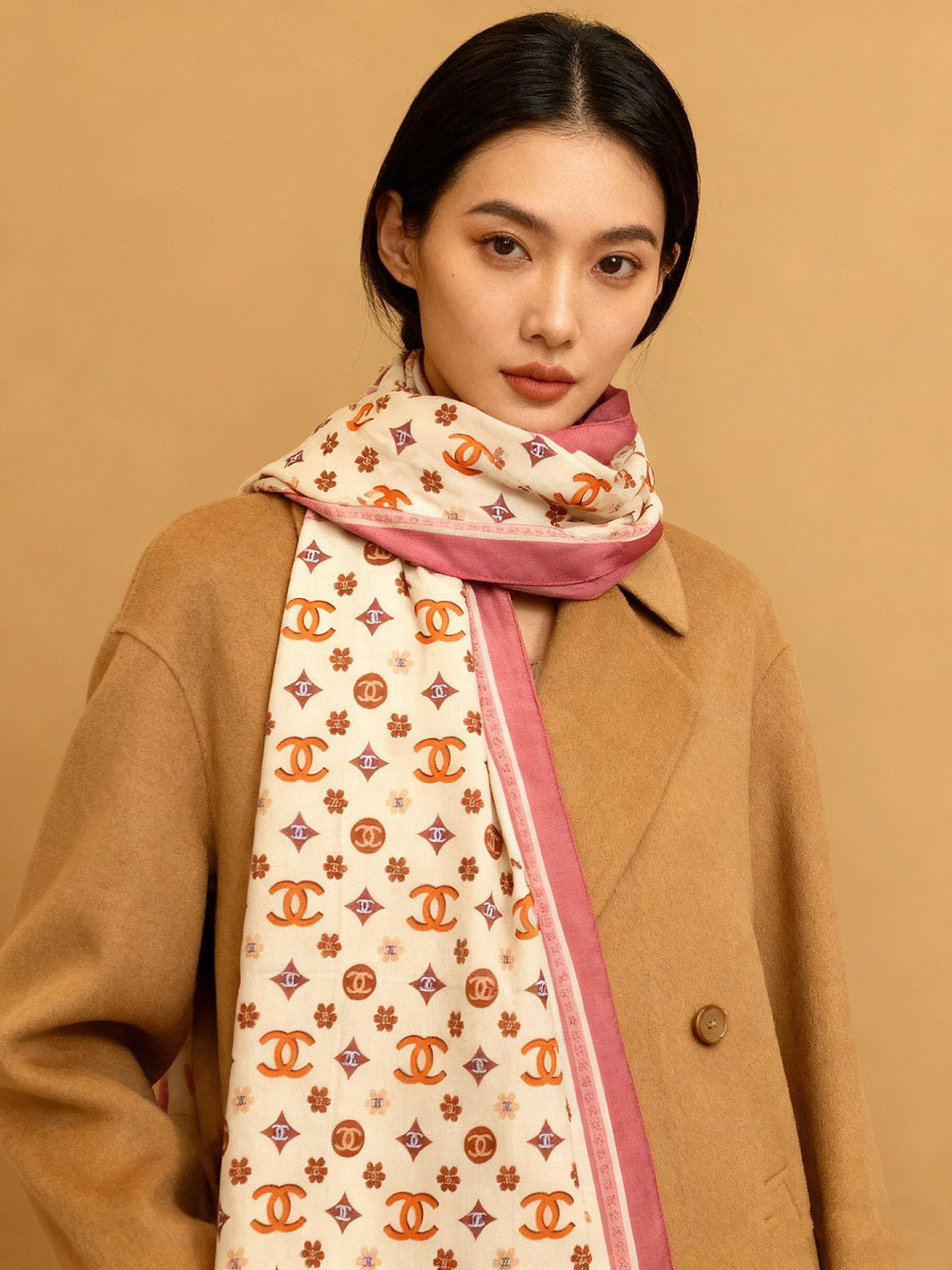 CC Scarf 140cm Pink Monogram Silk Cashmere 143730