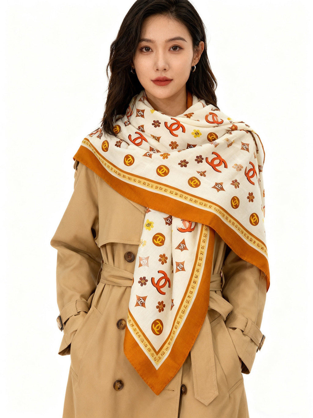 CC Scarf 140cm Brown And White Patterned Silk Cashmere 143732