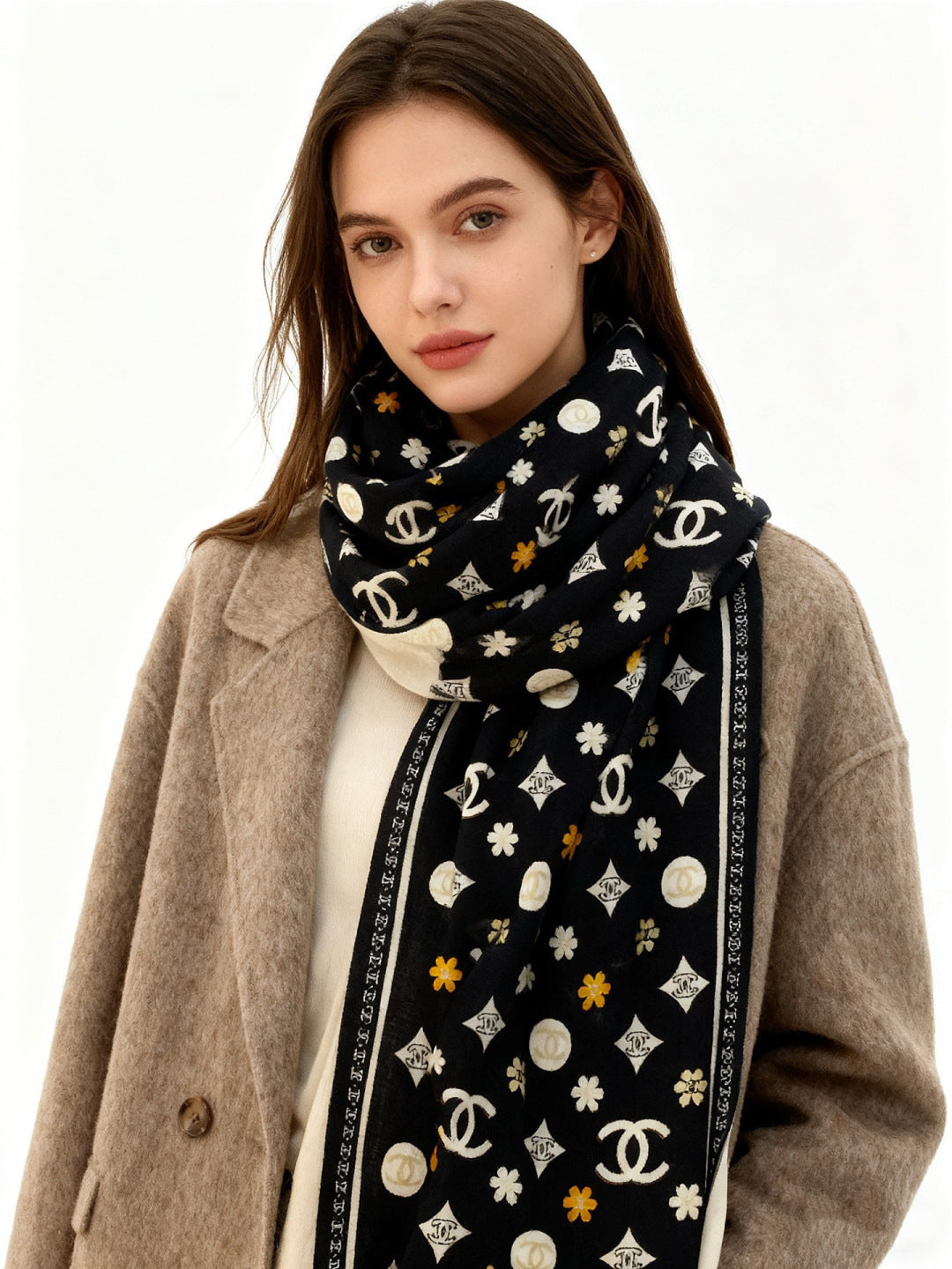 CC Scarf 140cm Black Monogram Silk Cashmere 143733