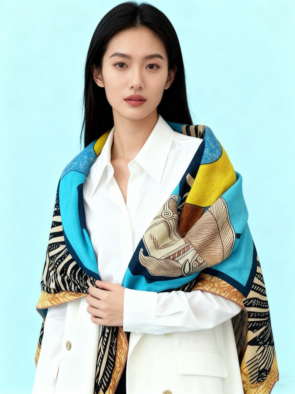 HM 26s Double-sided Scarf 140cm Blue Yellow Silk Cashmere 153140
