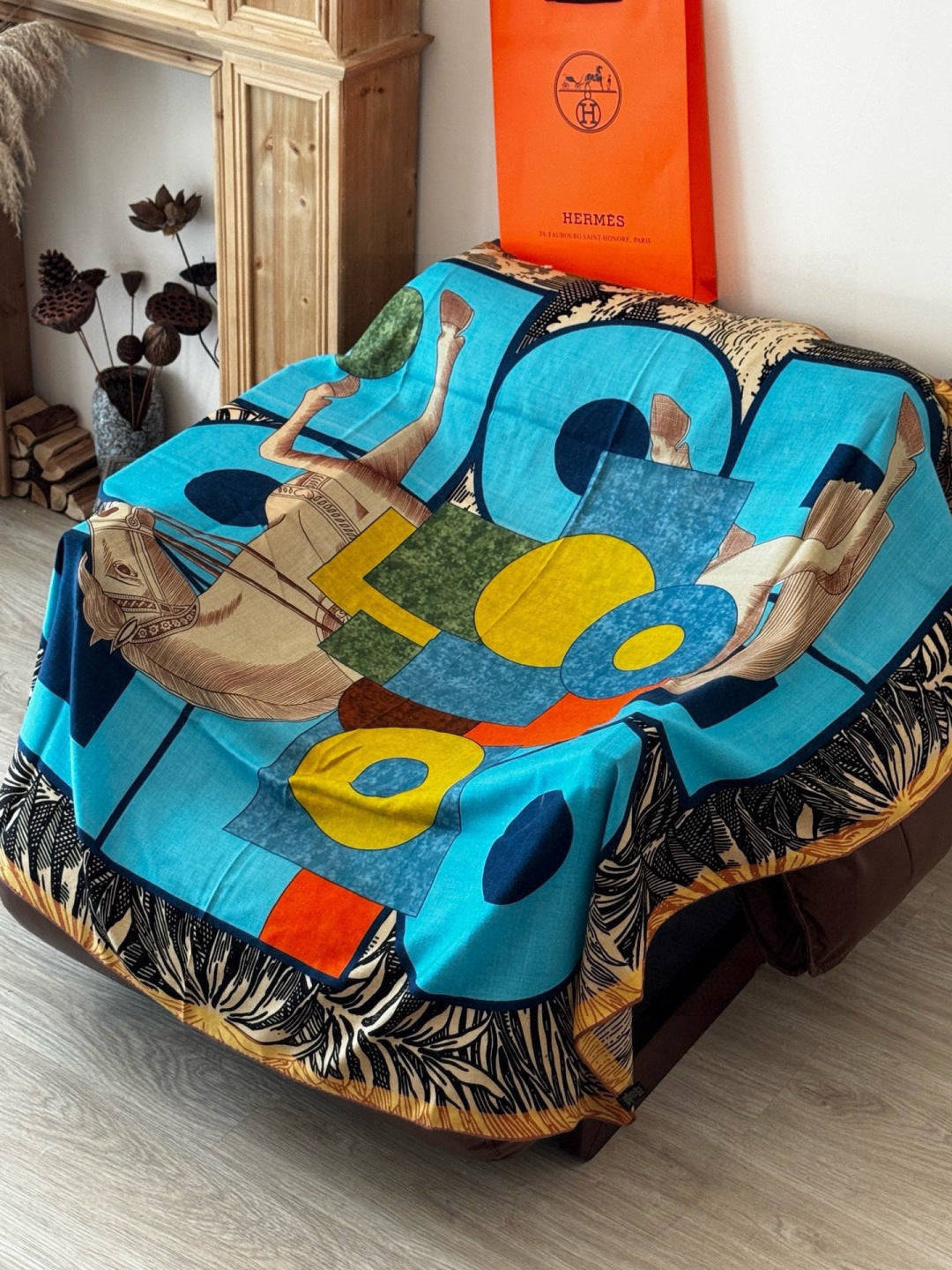 HM 26s Double-sided Scarf 140cm Blue Yellow Silk Cashmere 153140