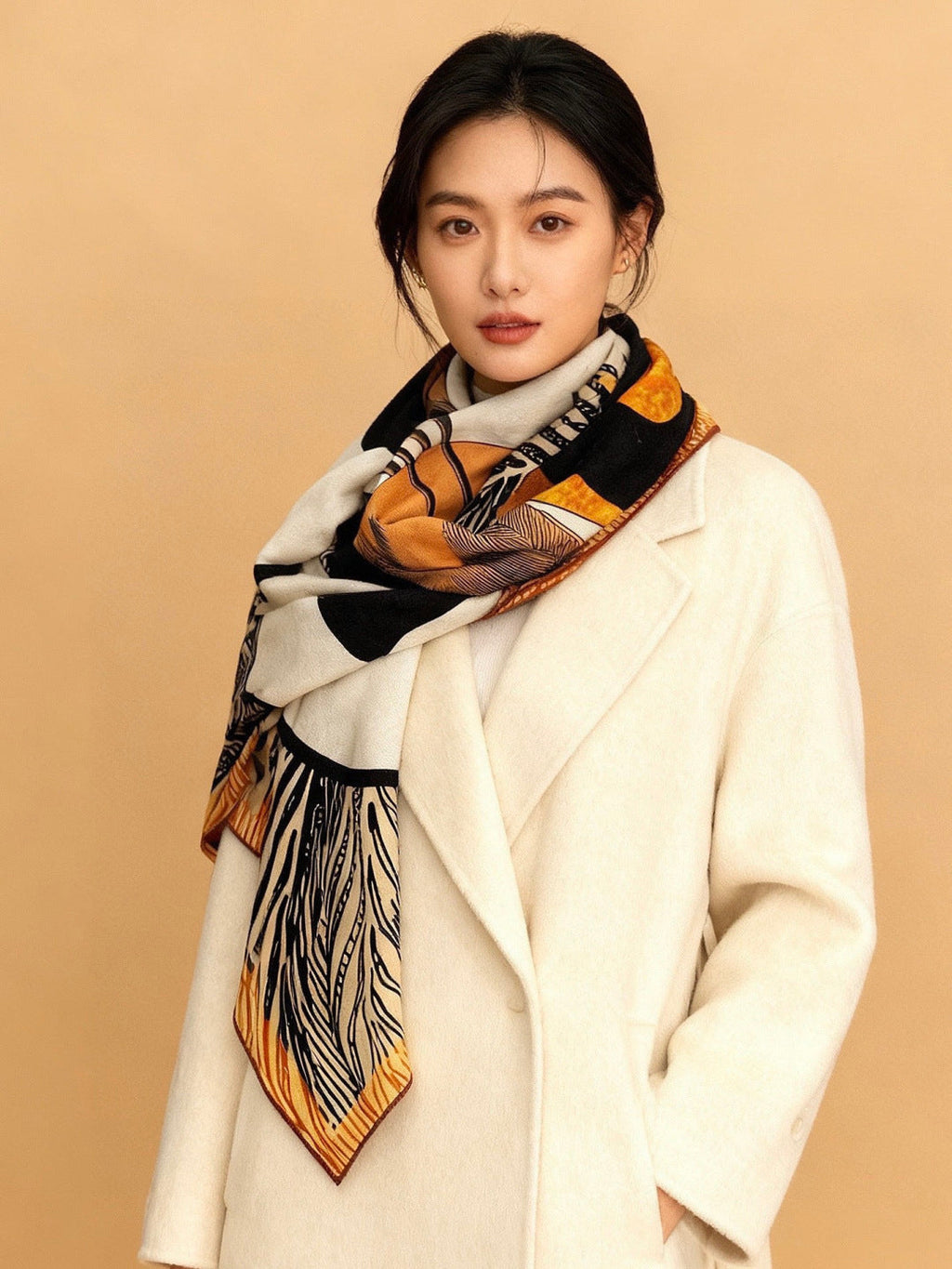 HM 26s Double-sided Scarf 140cm White Brown Silk Cashmere 153142