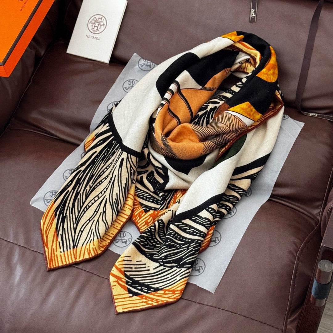 HM 26s Double-sided Scarf 140cm White Brown Silk Cashmere 153142