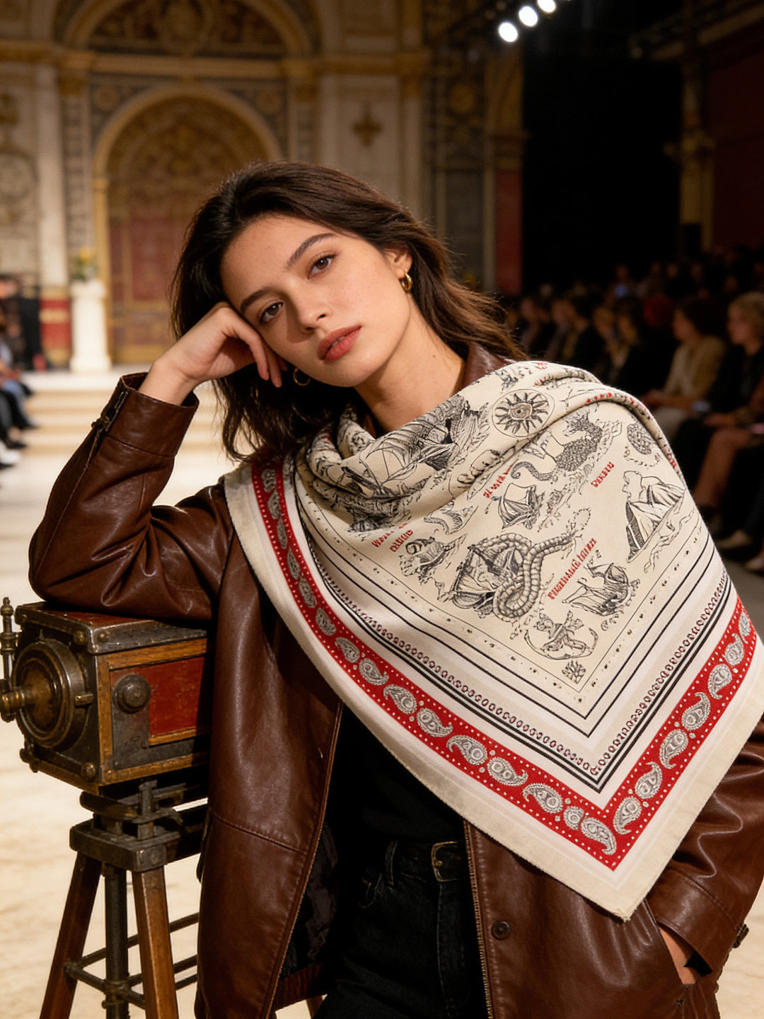 HM 26s Double-sided Scarf 140cm Cream Red Silk Cashmere 153143